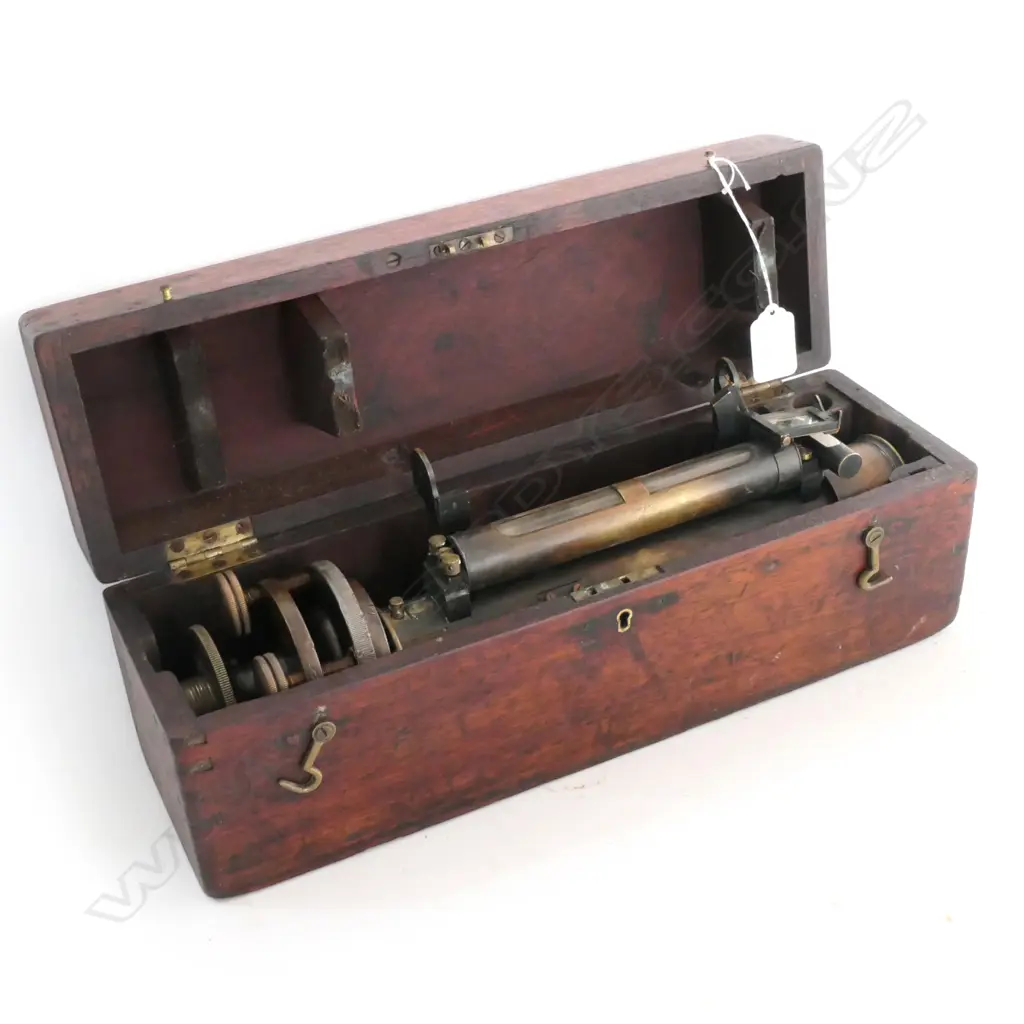VICTORIAN BRASS SURVEYOR'S TRANSIT w TRIPOD COUPLING & ASSOCIATED TRIPOD, IN MAHOGANY CASE Image 1++